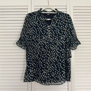 Tommy Hilfiger Navy Floral Women's Blouse Henley Sheer Sleeves Ruffle Details L